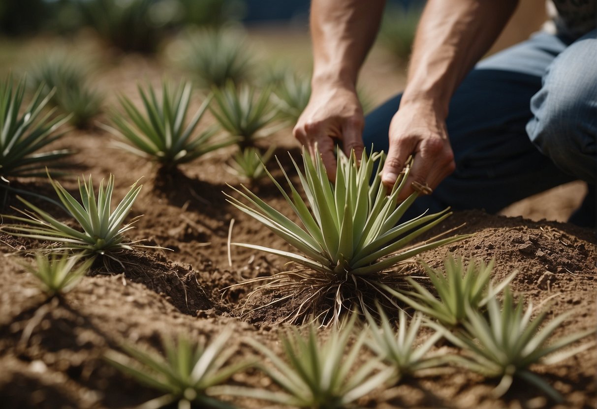 Yucca plants being split with a sharp tool, roots exposed, and new sections separated for replanting