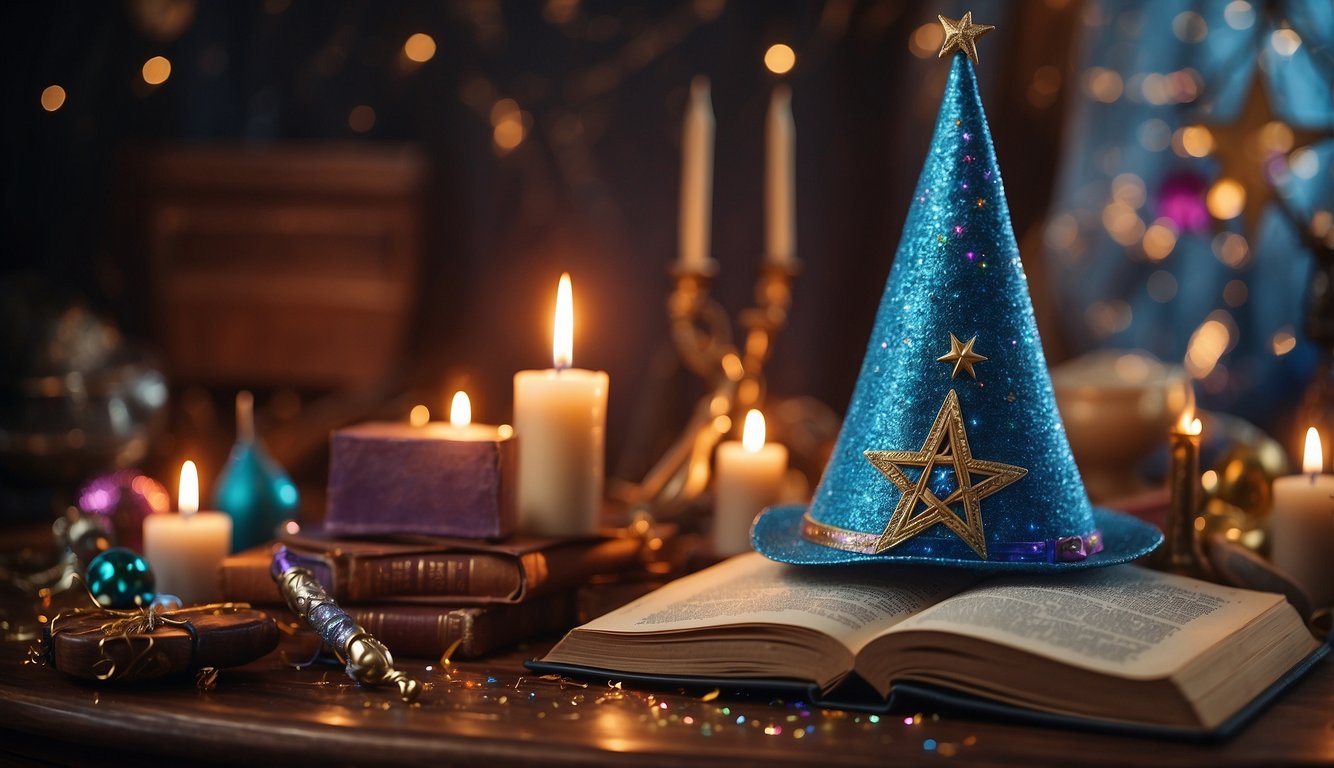 A magical birthday party scene with a wizard's hat, wand, and spell book surrounded by colorful decorations and sparkles