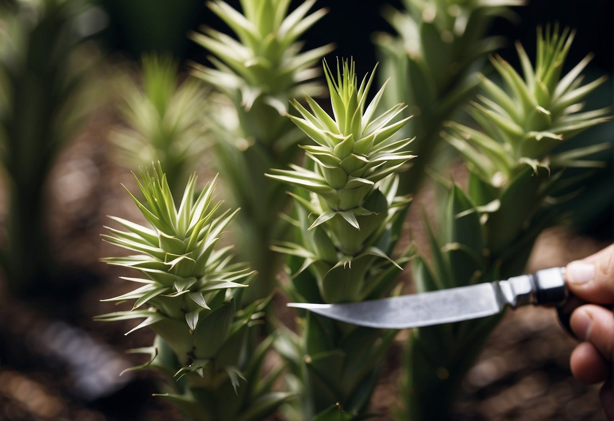 Healthy yucca plant with multiple stems being carefully separated using a sharp knife