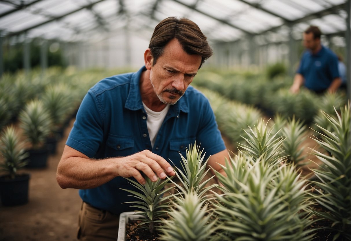 A customer carefully examines various yucca plants at a nursery, comparing their size, shape, and overall health before making a decision on which one to purchase