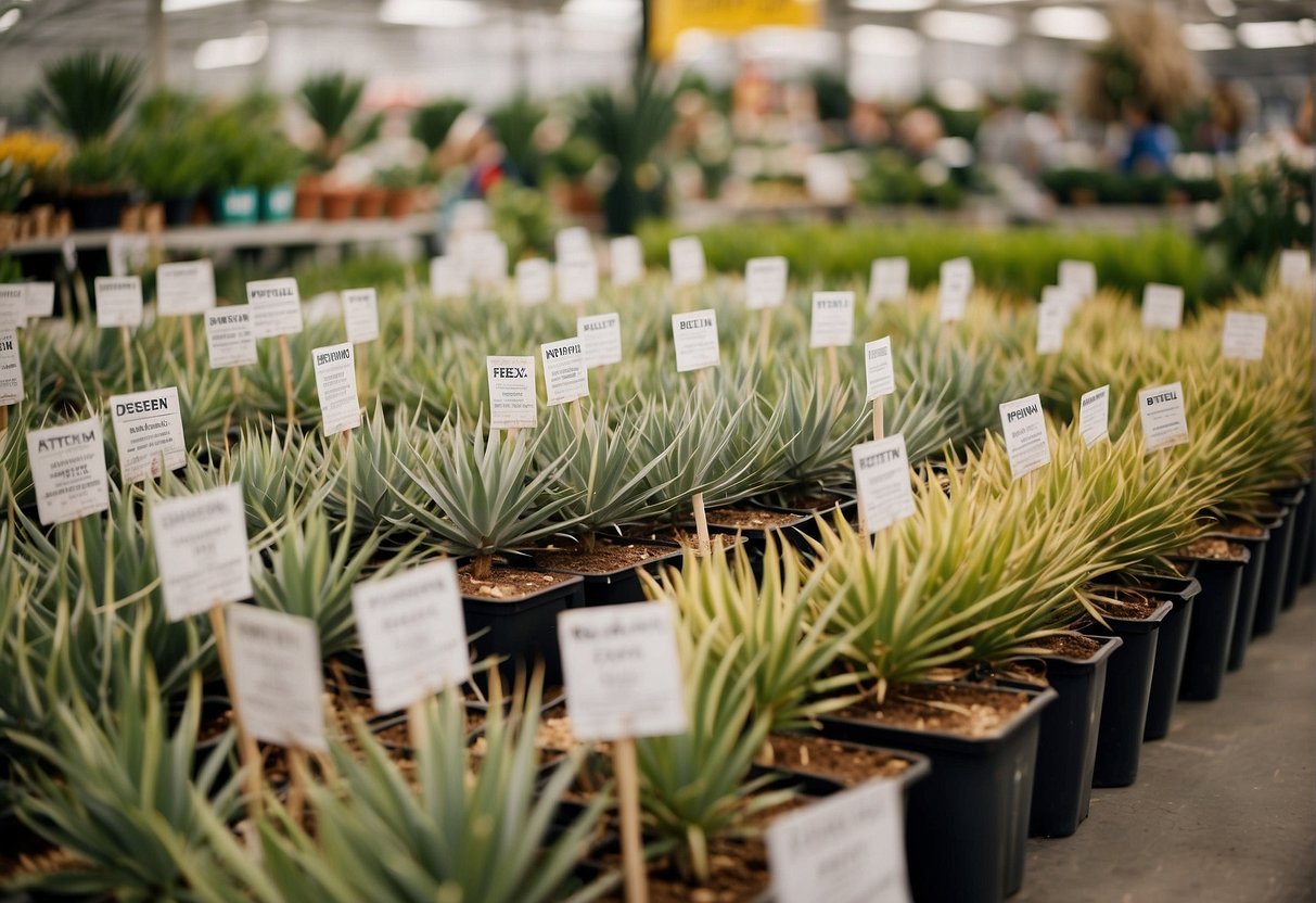 A garden center with rows of yucca plants, labeled with prices and care instructions. Customers browsing and a sign indicating "Frequently Asked Questions" section