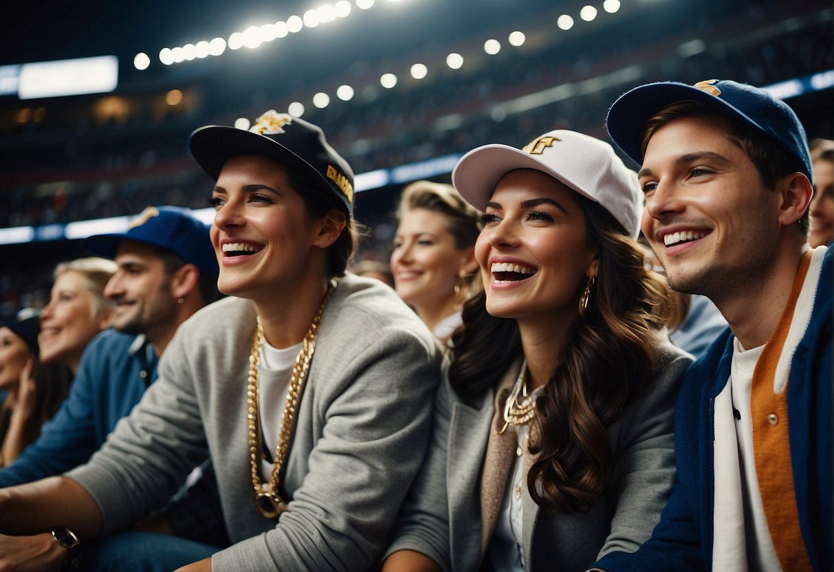 A group of stylishly dressed individuals in sporty chic outfits, wearing trendy sneakers and accessorizing with baseball caps and statement jewelry, are cheering on their favorite basketball team from the stands