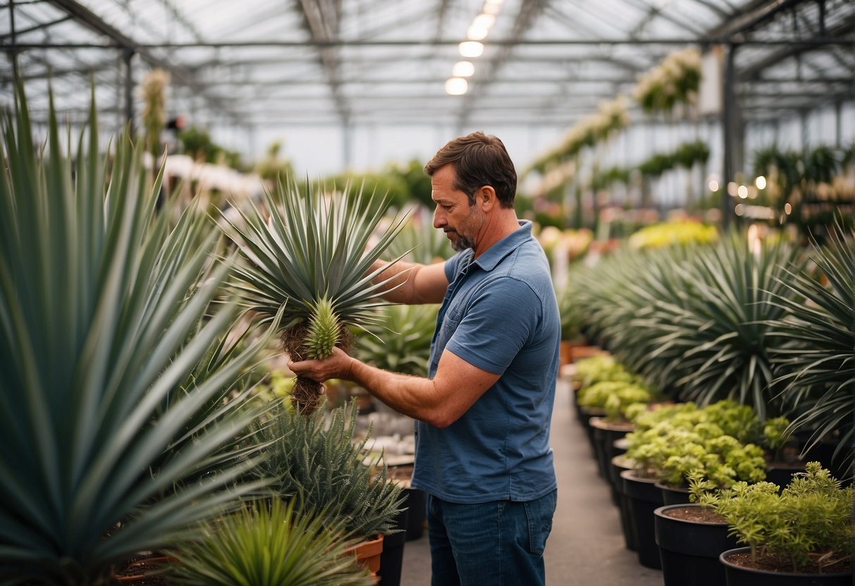 A customer carefully selects a healthy yucca plant from a row of potted options at a garden center