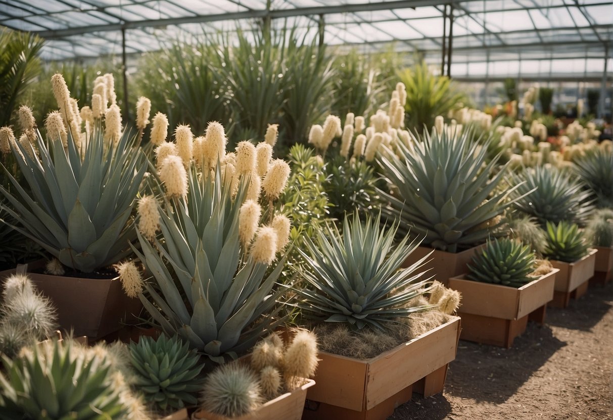 A garden center with rows of yucca plants in various sizes and colors. A sign displays care instructions for watering and sunlight