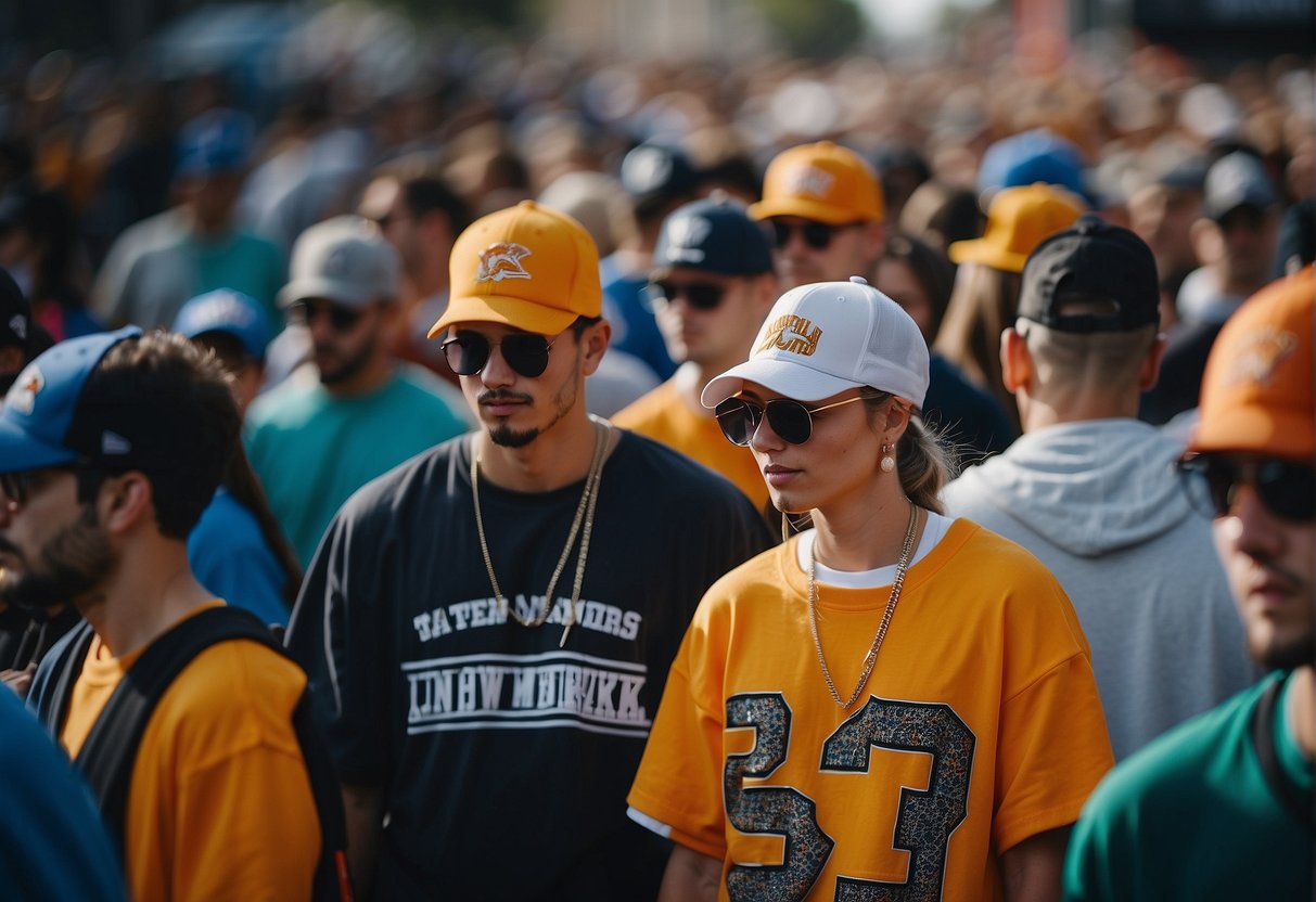 Fans in trendy streetwear, wearing oversized jerseys, sneakers, and caps. Bold logos and bright colors stand out in the crowd