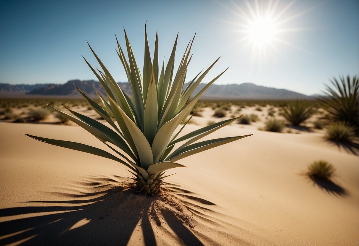 A healthy yucca plant stands tall in a sandy desert landscape, surrounded by dry, arid terrain. The sun beats down on its long, sword-like leaves, casting shadows on the ground below