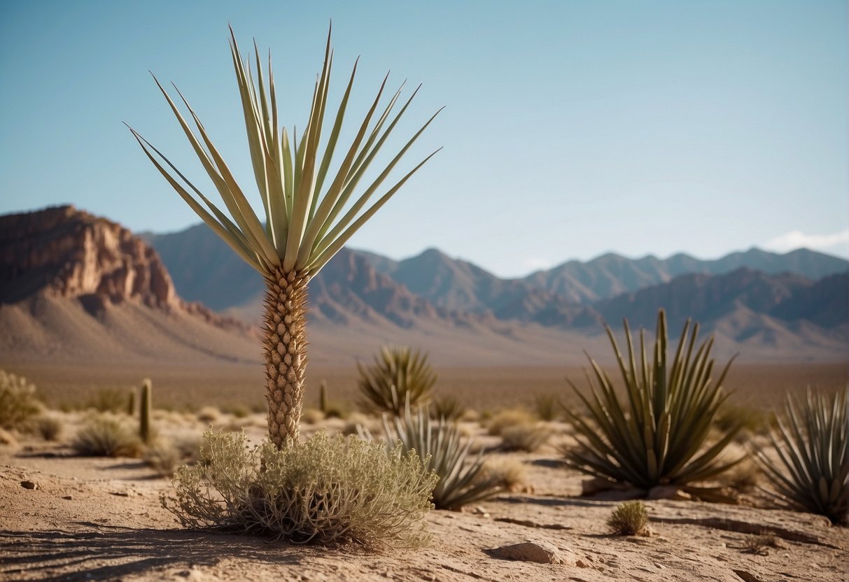 A mature yucca plant stands tall in a desert landscape, surrounded by rocky terrain and under a bright, clear sky