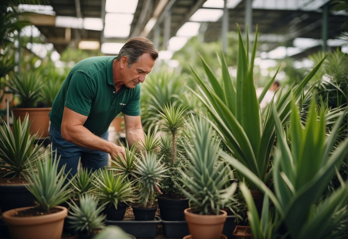 A customer carefully selects a healthy yucca plant from a display at a local garden center. The bright green leaves and sturdy stem stand out against the backdrop of other potted plants