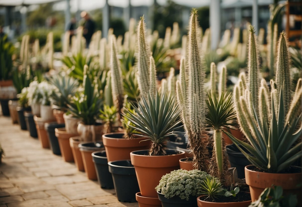 A garden center with rows of yucca plants in pots, labeled with prices. Customers browsing and pointing at different varieties