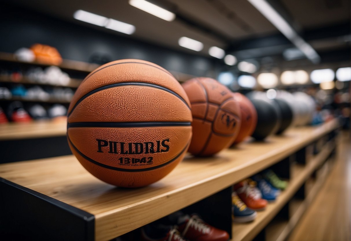 A basketball made of rubber and synthetic materials sits on a store shelf, surrounded by other sports equipment. Shoppers browse nearby