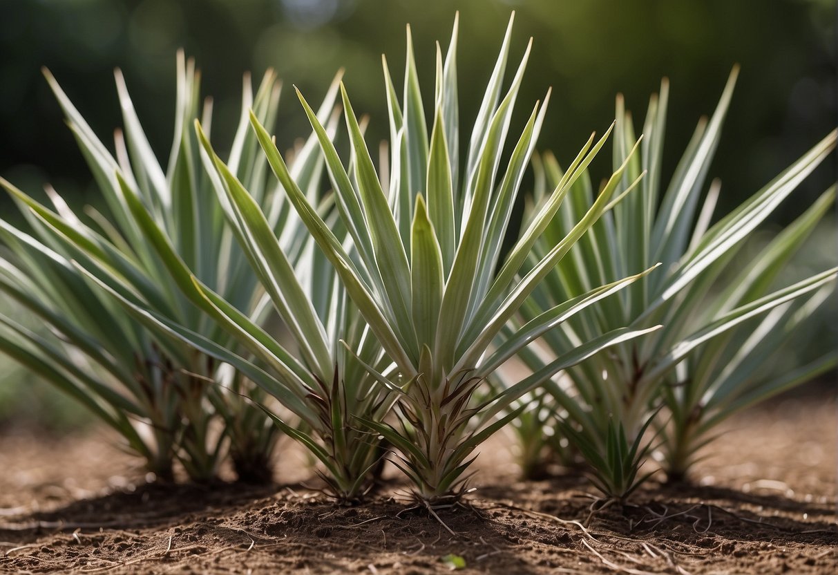 Yucca plants grow rapidly in optimal conditions. A tall, sturdy stem emerges from the center, with long, sword-shaped leaves sprouting outwards in a symmetrical pattern
