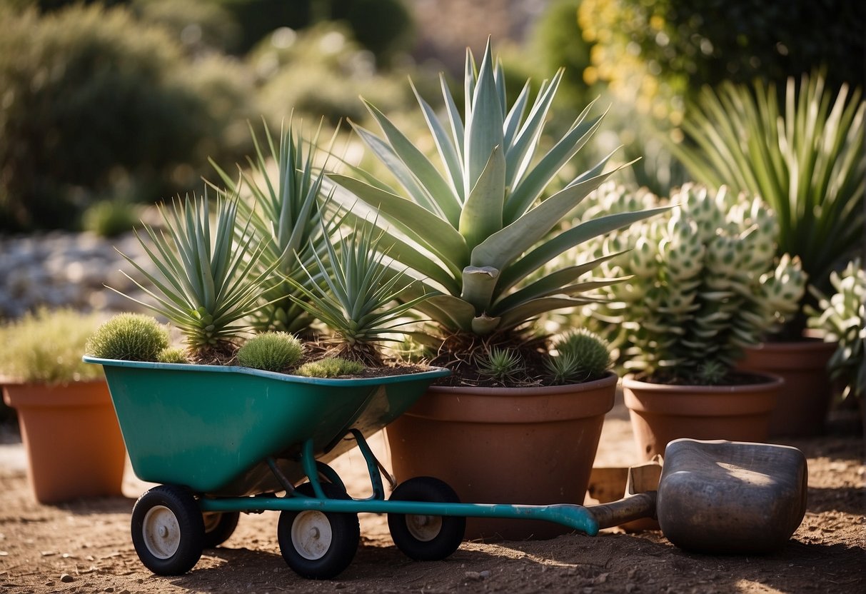 Yucca plants in pots, shovel, gloves, and a wheelbarrow in a garden setting