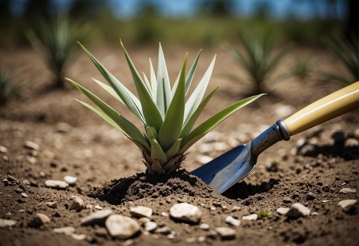 A yucca plant being uprooted with a shovel, roots exposed