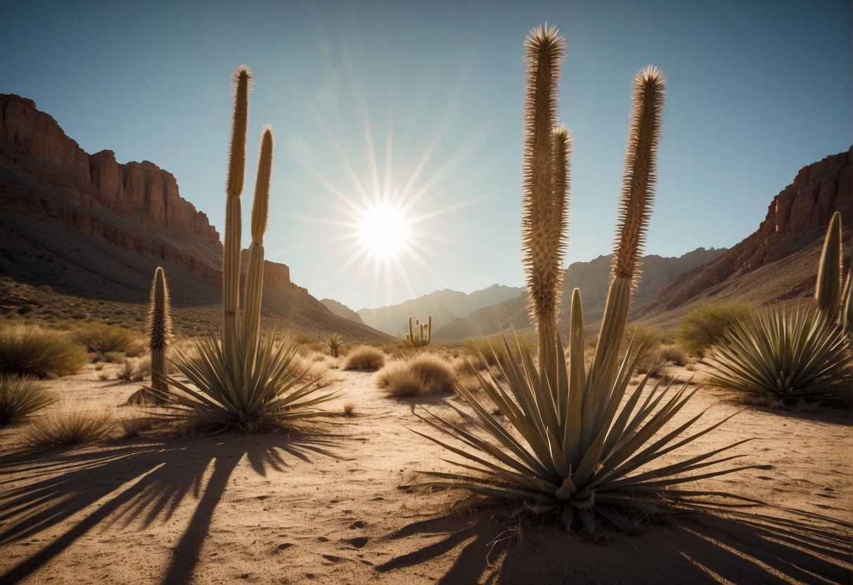 A desert landscape with yucca plants standing tall, their long, sword-like leaves reaching towards the sky. The sun beats down on the arid earth, casting long shadows across the rugged terrain