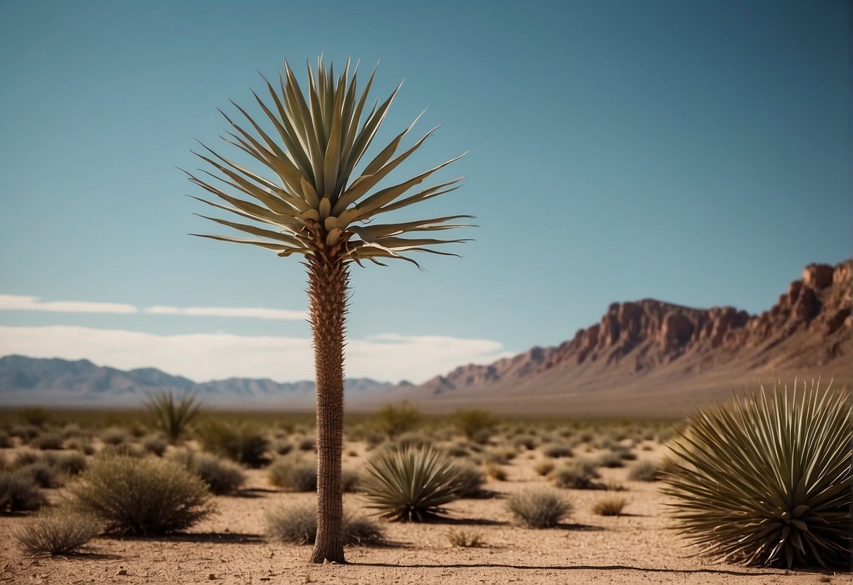 A yucca plant stands tall in a desert landscape, its long, sword-like leaves reaching towards the sky. In the background, a group of animals seek shelter and shade under its broad canopy