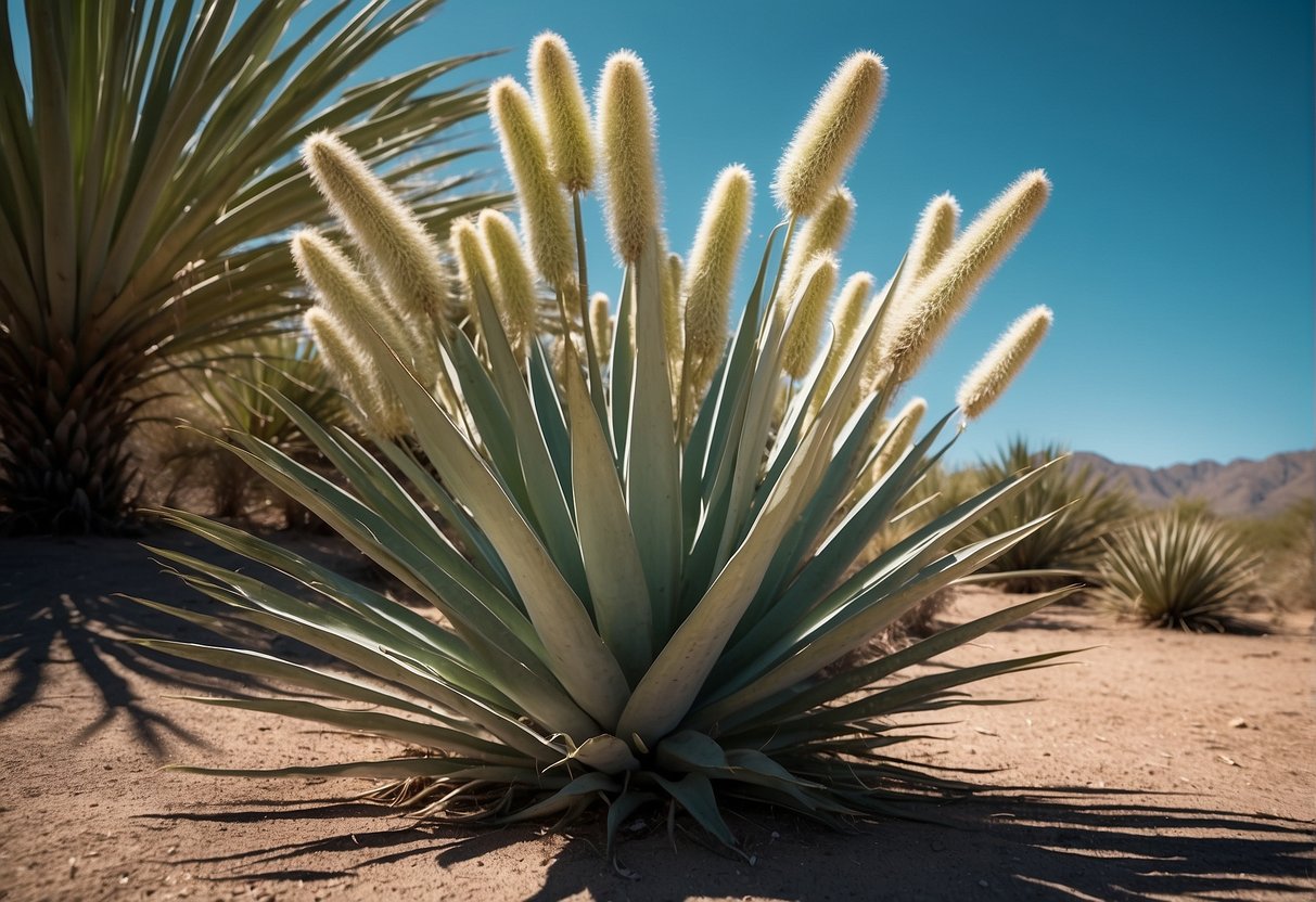 Lush yucca plants stand tall against a clear blue sky, their spiky leaves casting dramatic shadows on the ground