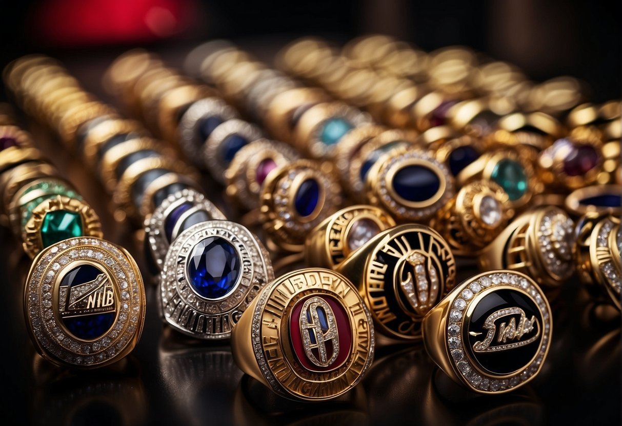 A display of NBA championship rings, with the coach with the most rings highlighted