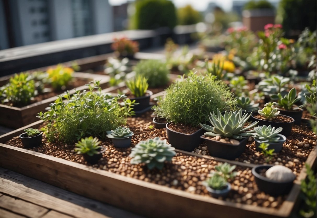 A rooftop garden with various plants and materials, such as soil, gravel, and wood, arranged in an organized and functional manner