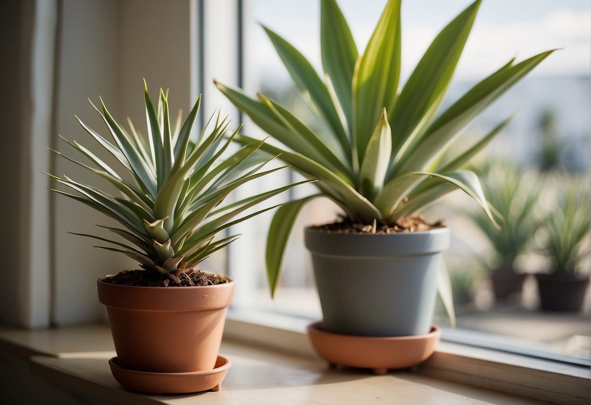 A yucca plant sits in a bright room, near a window. A watering can and a bag of well-draining soil are nearby. The plant is surrounded by other potted plants, creating a peaceful and nurturing environment
