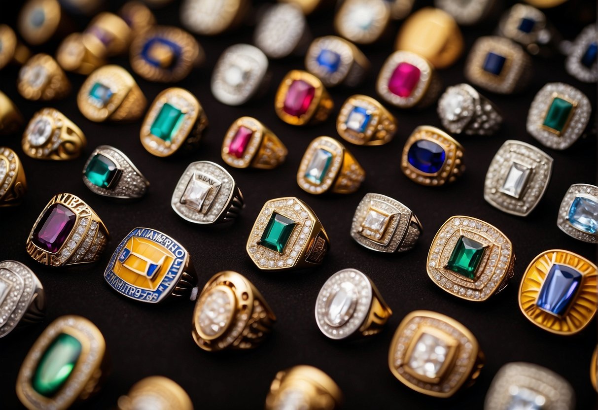 A display of NBA championship rings, with multiple teams and dynasties represented