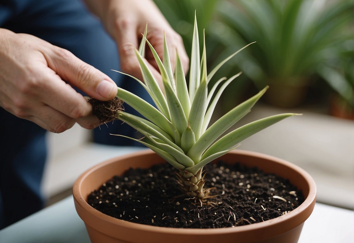 A yucca plant is being carefully removed from its pot, its roots untangled and trimmed. It is then placed into a larger pot with fresh soil, ready to continue growing