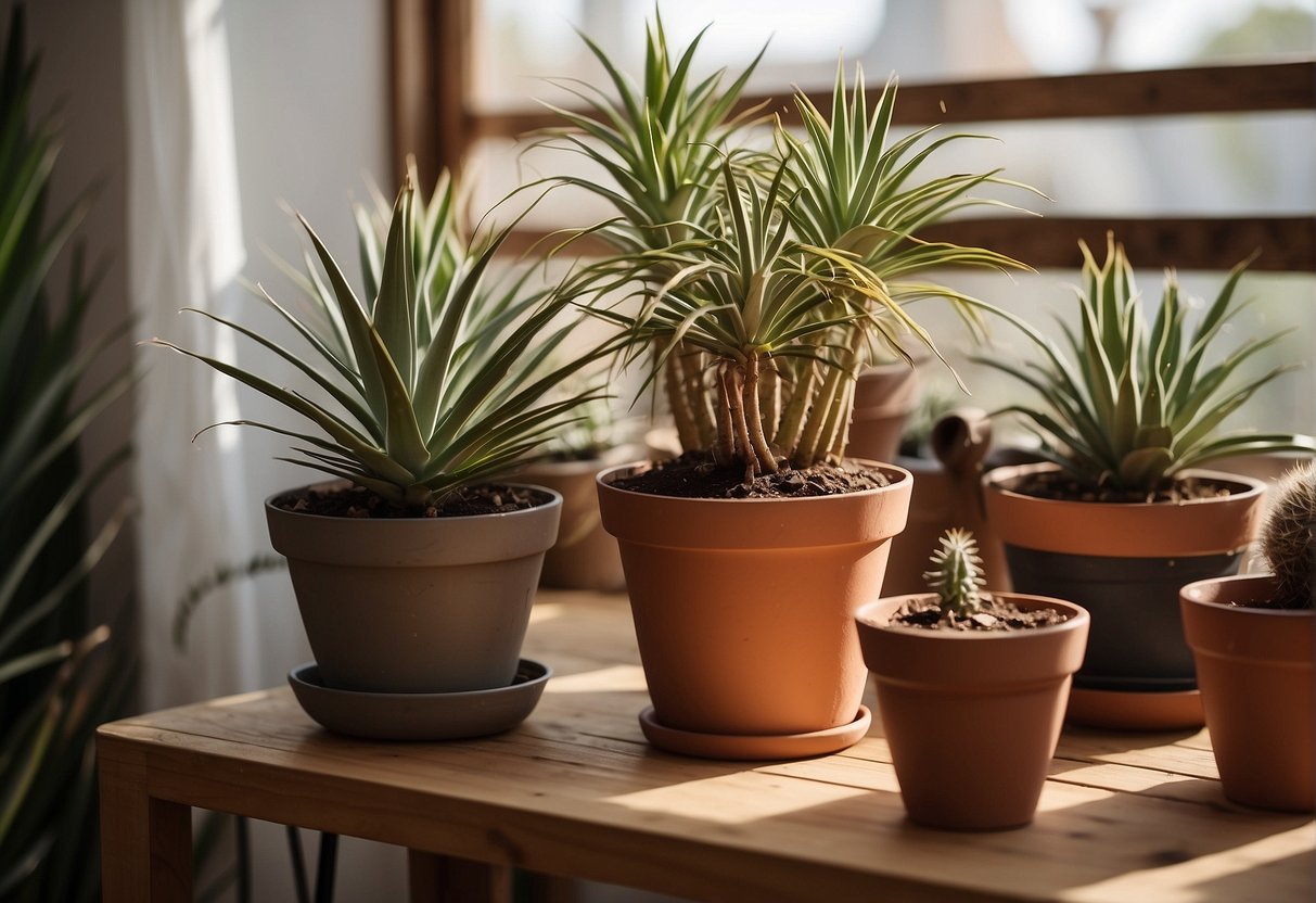 A yucca plant sits in a bright room, surrounded by pots of various sizes. A watering can and pruning shears are nearby, along with a care guide open to the "Frequently Asked Questions" page