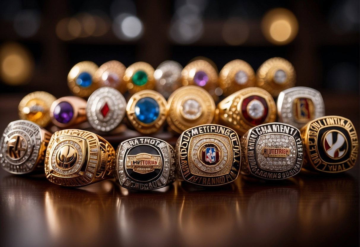 A collection of championship rings displayed on a desk, representing the success of an NBA coach