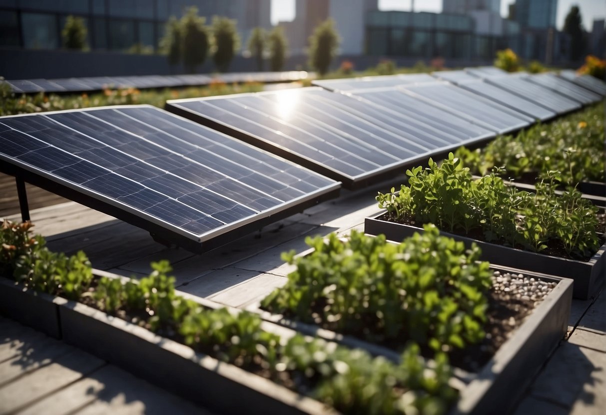 A rooftop garden with modern technology and innovative features, such as solar panels and automated irrigation systems, creating a sustainable and eco-friendly environment