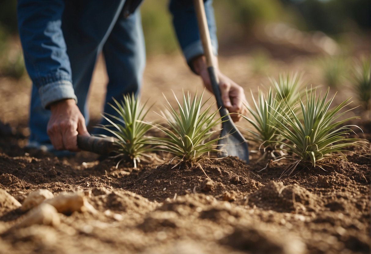 A person is using a shovel to dig up yucca plants from the ground. The plants are being pulled out by the roots and placed in a pile