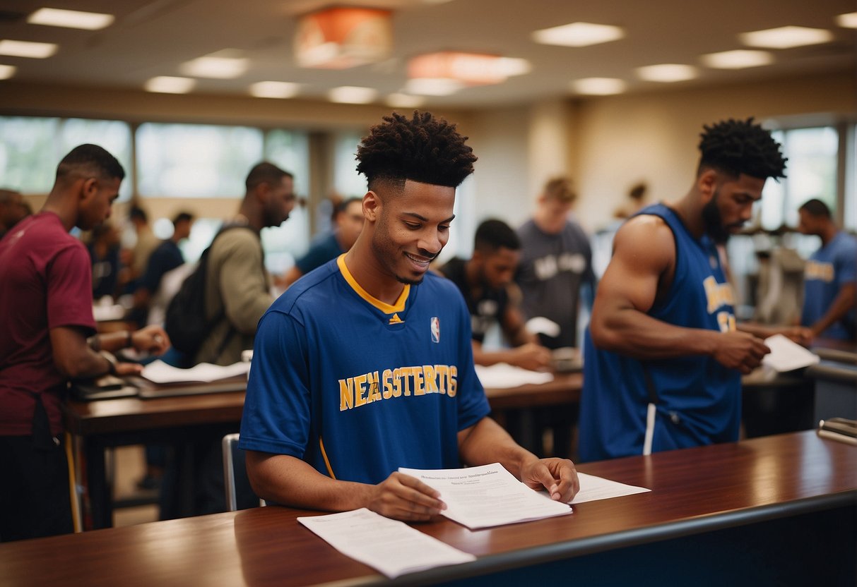 A group of NBA players filling out paperwork at a registration desk, with a sign above reading "Eligibility and Enrollment."