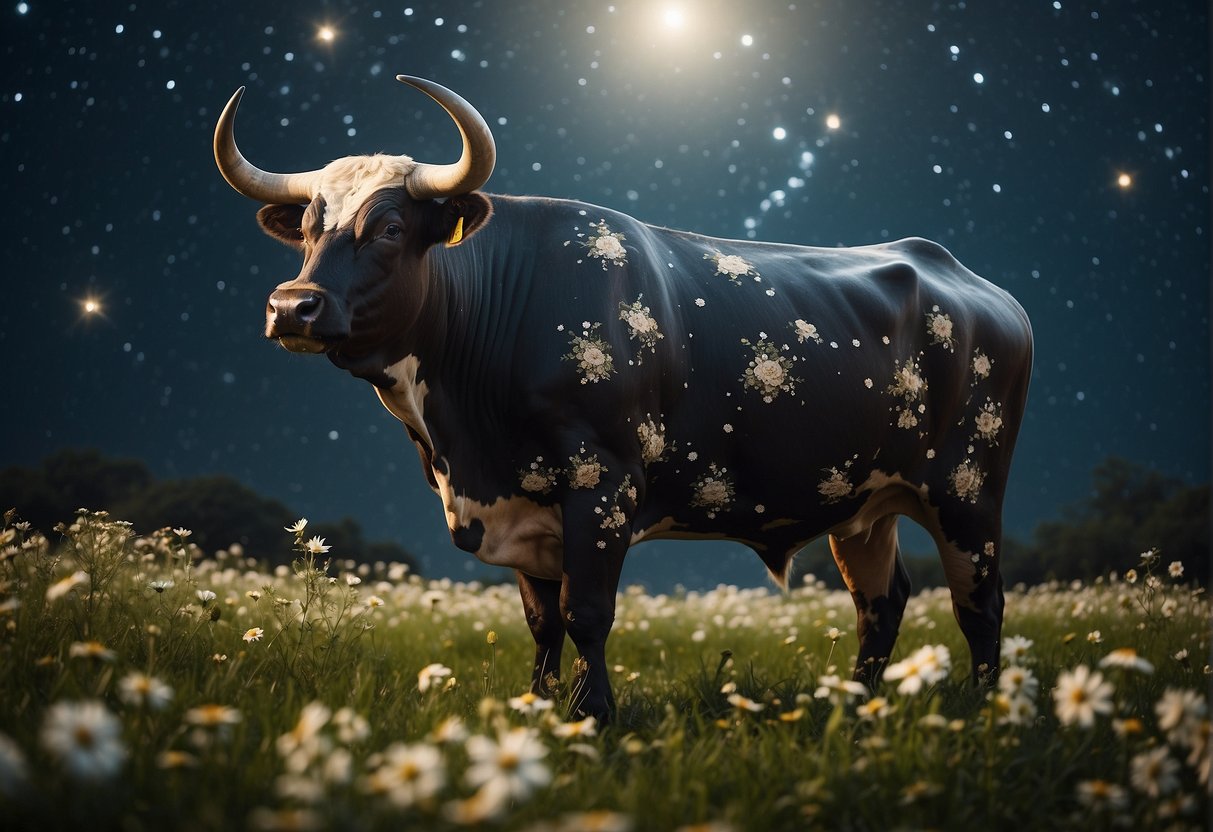 A serene bull stands under a starry sky, surrounded by blooming flowers and lush greenery, symbolizing the calm and stability of the Taurus horoscope for March 2024