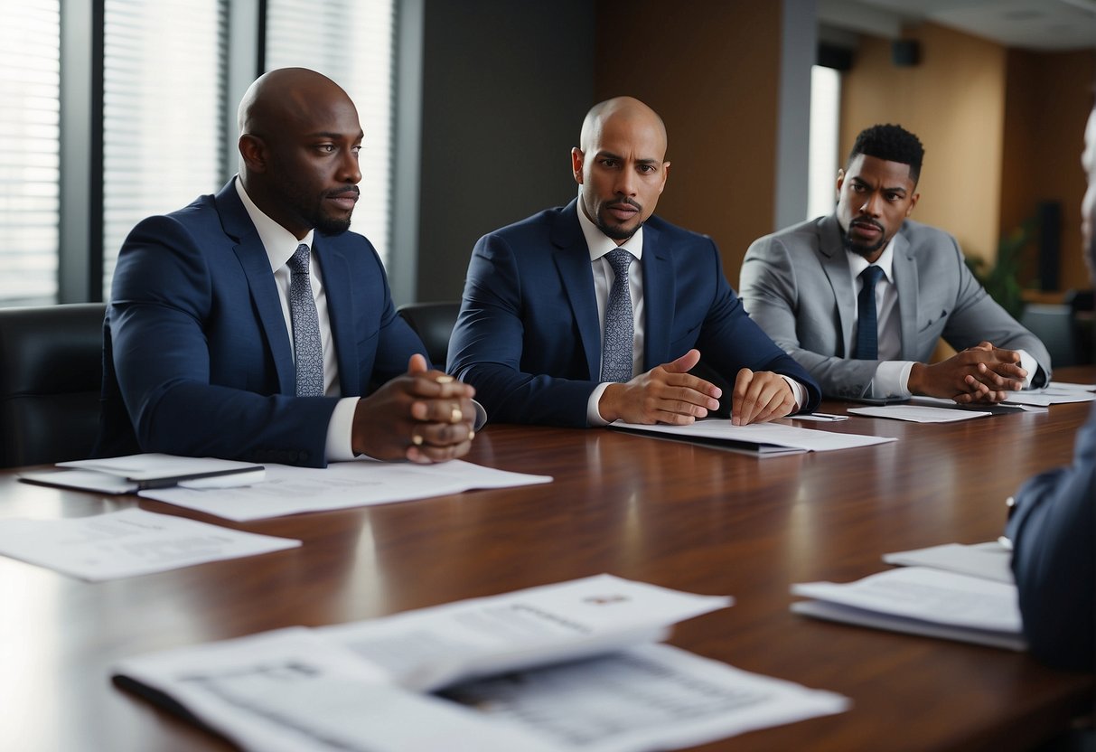 NBA players sitting in a boardroom discussing pension options with financial advisors. Documents and charts spread out on the table