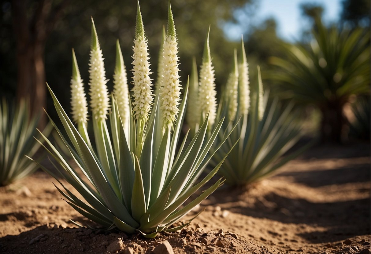 Yucca plants grow in well-drained soil, under full sun. Their long, sword-shaped leaves emerge from a central stem, reaching upwards