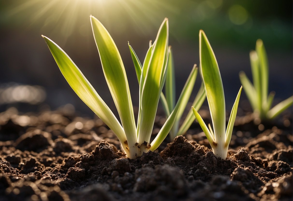 Yucca plants sprout from soil, reaching towards sunlight. Some show signs of wilting or discoloration, indicating potential growth issues