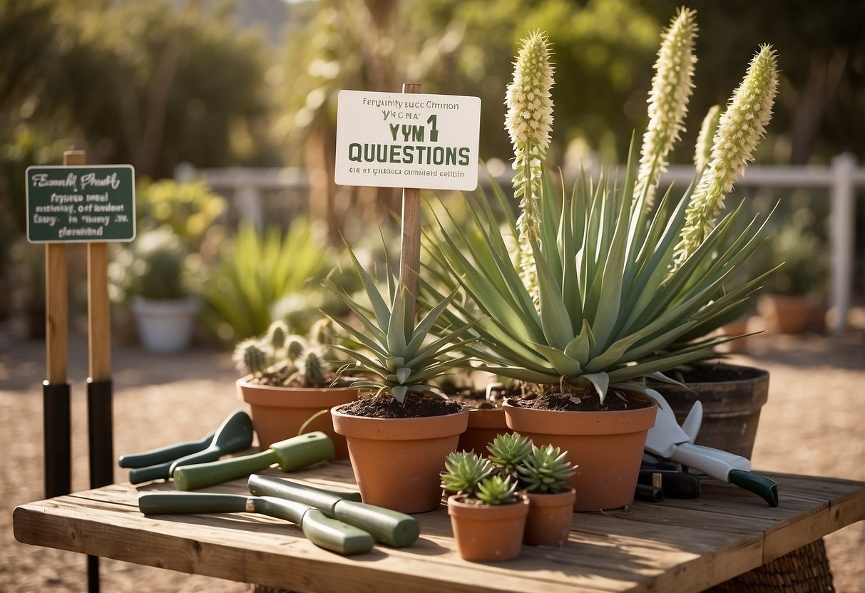 A yucca plant surrounded by gardening tools and a sign reading "Frequently Asked Questions: how to grow yucca plants" in a sunny outdoor setting