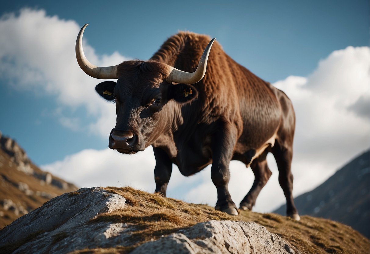 A bull confidently climbs a mountain, symbolizing Taurus' determination and career success in March 2024