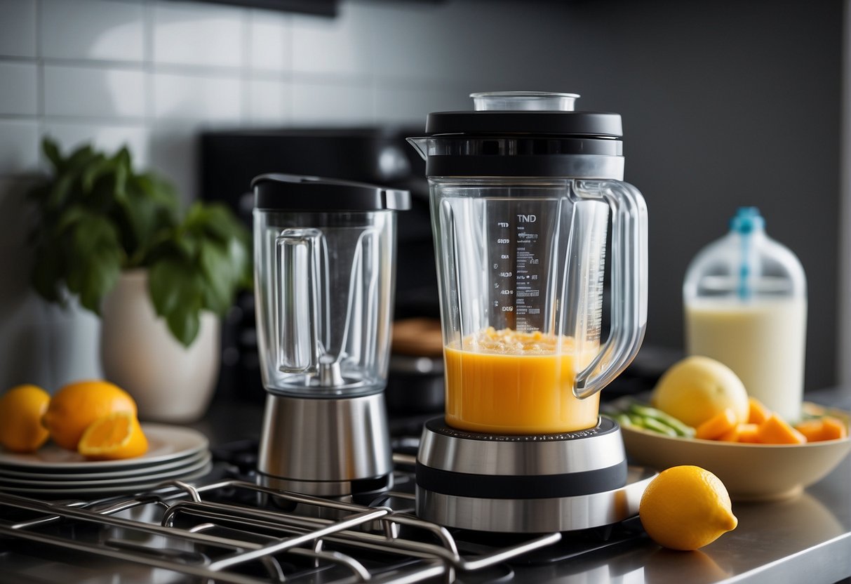 A blender bottle is placed inside a dishwasher, surrounded by other dishes and utensils