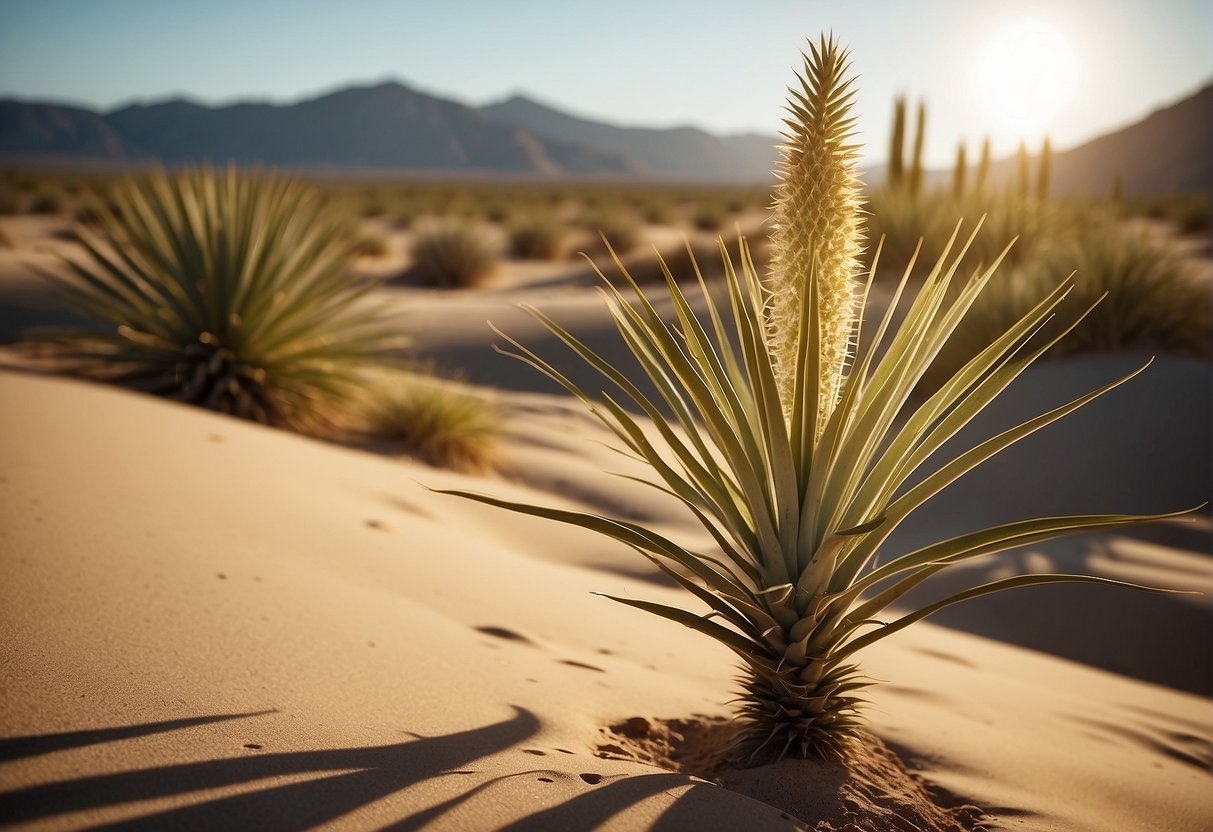 A yucca plant with long, sword-shaped leaves stands tall in a desert landscape. The sun casts a warm glow on the plant, highlighting its spiky silhouette