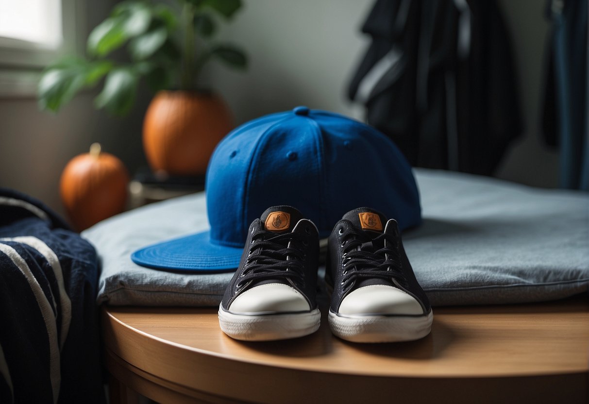 A pair of stylish sneakers and casual loafers sit by a basketball jersey and cap on a neatly made bed, ready to be worn to an NBA game