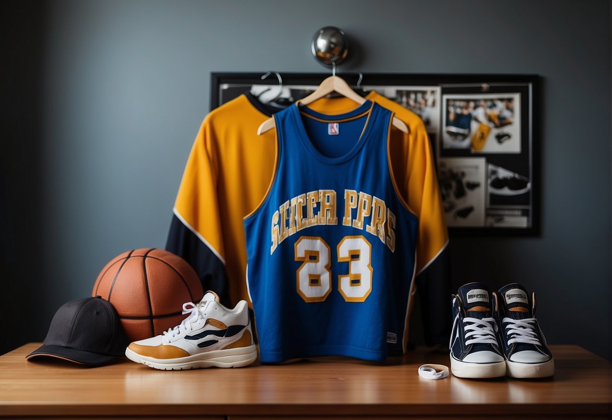 A basketball jersey hangs on a hanger next to a pair of stylish sneakers and a logo-emblazoned cap, all laid out on a clean, modern dresser