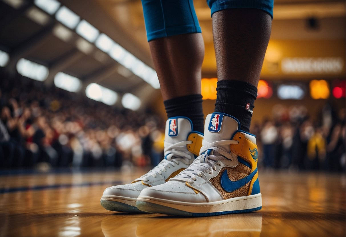 A stylish outfit with a basketball jersey, trendy sneakers, and a statement accessory. The setting is a vibrant NBA game with cheering fans and players on the court