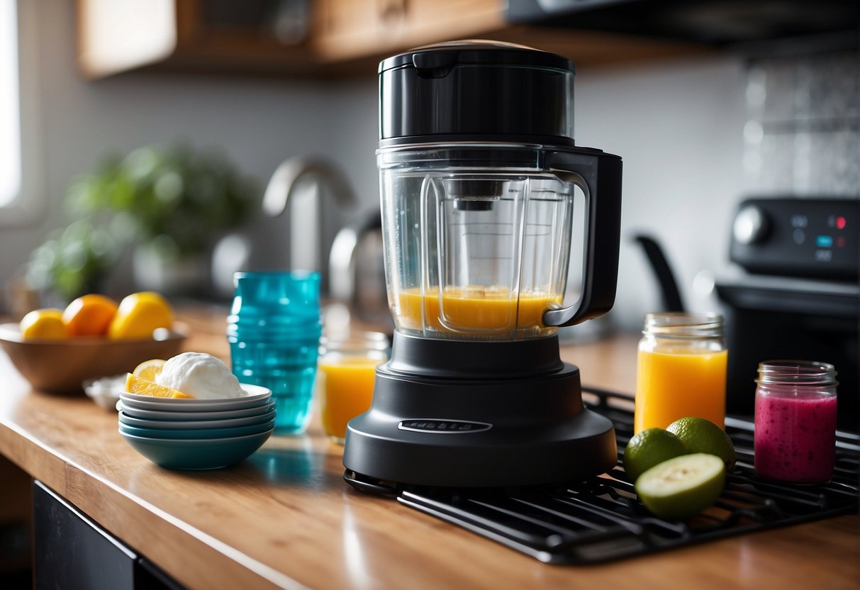 A blender bottle sits in an open dishwasher, surrounded by other dishes. The water jets spray and steam rises as the cleaning process begins