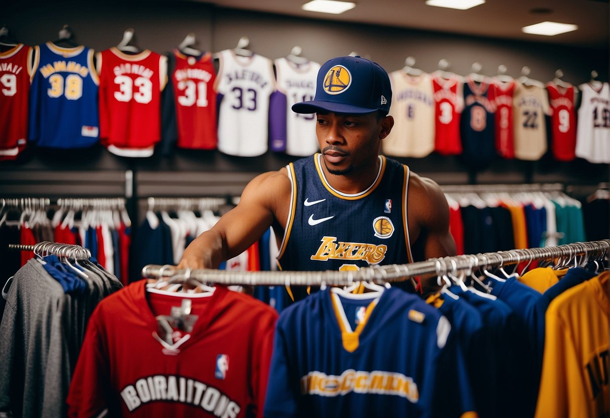 A person browsing through racks of NBA jerseys, hats, and accessories at a sports apparel store