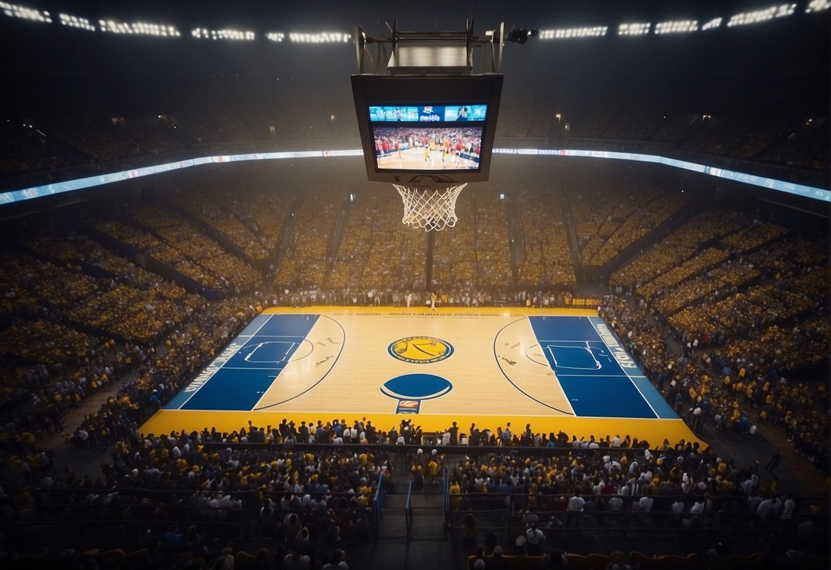 An NBA court with players in action, surrounded by cheering fans and bright stadium lights
