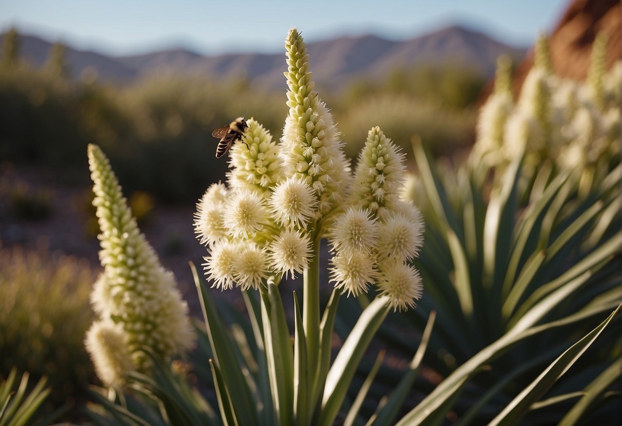 A yucca plant blooms, releasing pollen, while a moth hovers nearby, pollinating the flowers