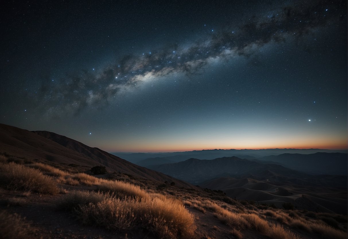 A wide view of a celestial landscape with the Gemini constellation prominent in the night sky