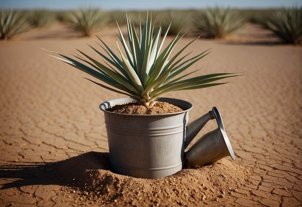 A yucca plant sits in a terra cotta pot, surrounded by dry soil. A watering can hovers above, ready to provide the plant with a much-needed drink