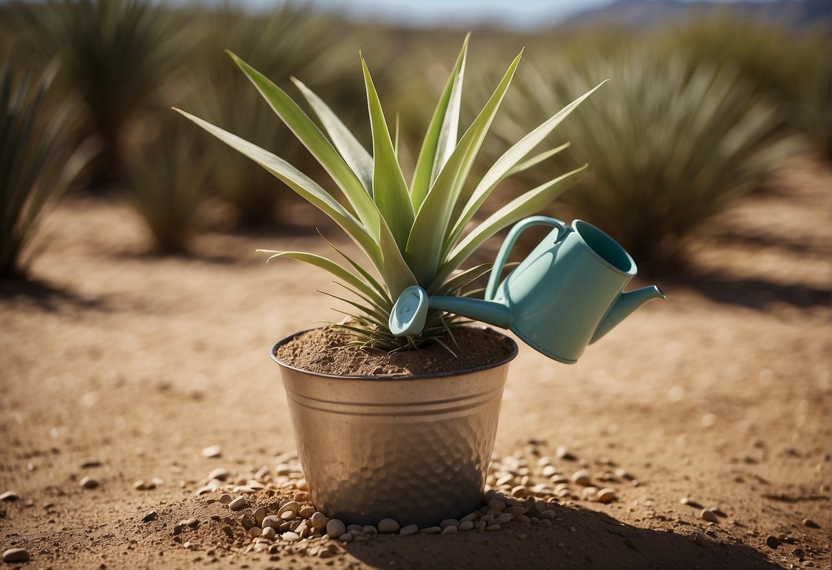 A yucca plant sits in a pot, surrounded by dry soil. A watering can hovers above, ready to pour water onto the plant