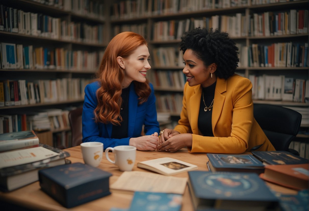 A pair of Gemini twins engage in lively conversation, surrounded by books and technology, with a calendar displaying the month of March 2024 in the background