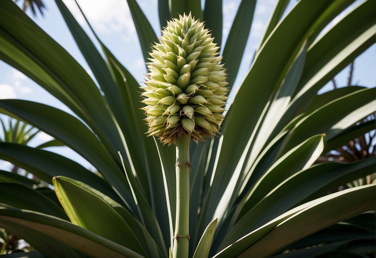 A tall yucca plant reaching towards the sky, with its long, sword-shaped leaves spreading out from a thick, sturdy trunk